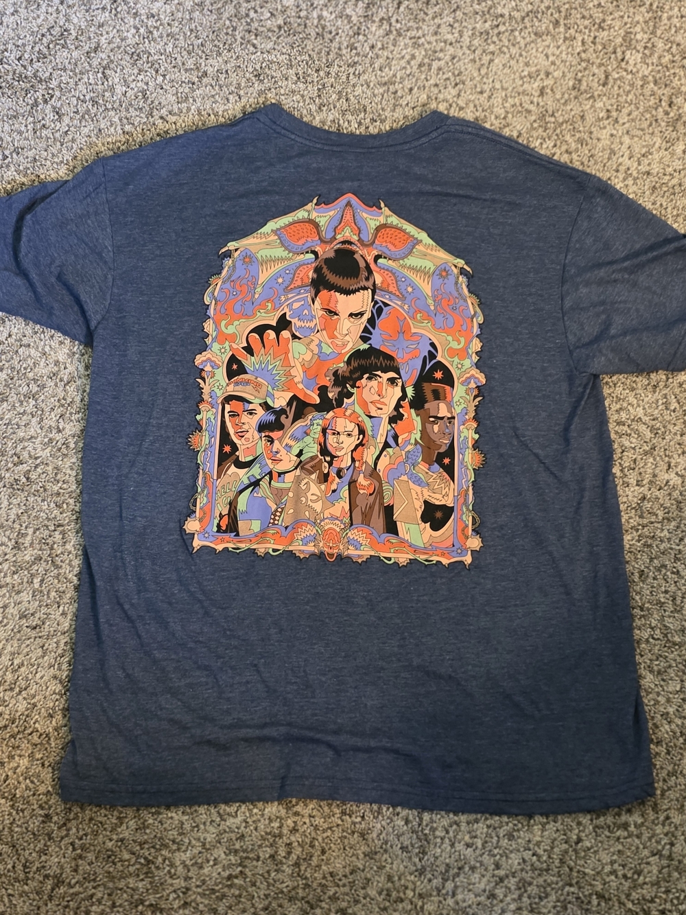 Stranger Things Netflix Blue Short Sleeve Tee with Multicolor Illustrated Back